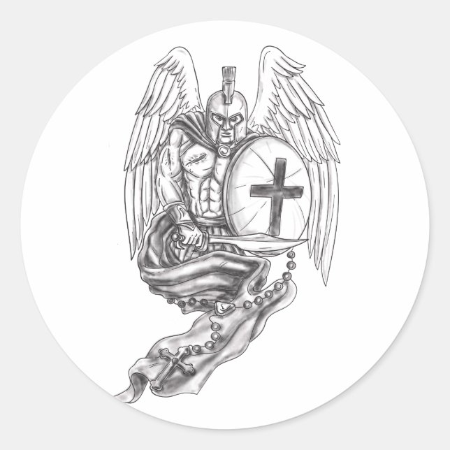Spartan Warrior Angel Shield Rosary Tattoo Classic Round Sticker (Front)