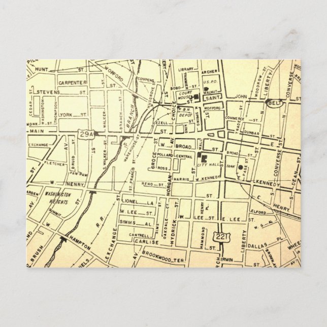 Spartanburg, SC Vintage Map Postcard (Front)