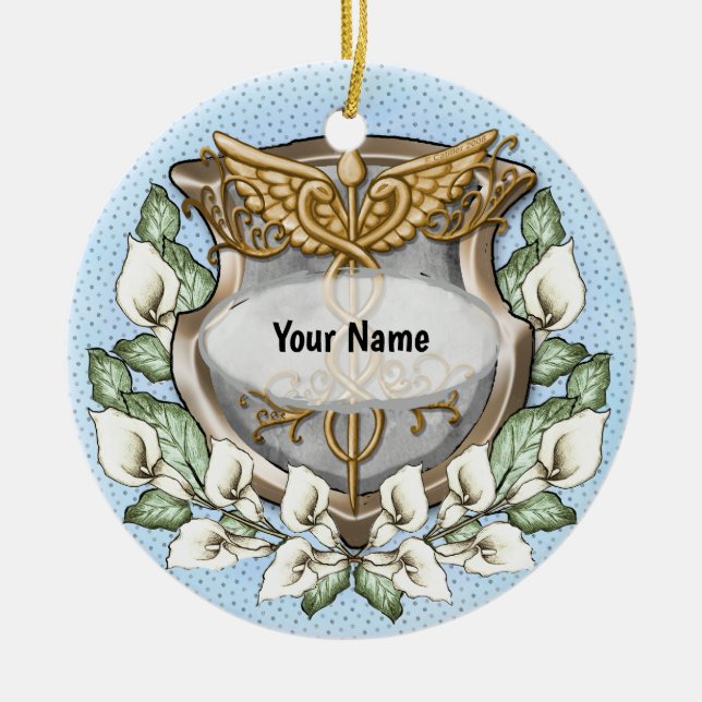 Spath lily shield caduceus  ceramic ornament (Front)