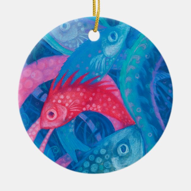 Spawning, fish, underwater art, pastel, blue, pink ceramic ornament (Front)
