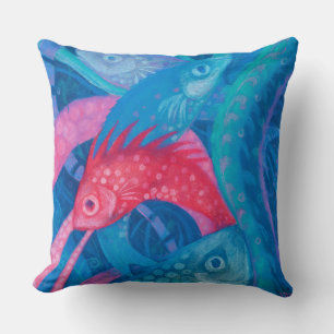 Spawning, fish, underwater art, pastel, blue, pink throw pillow