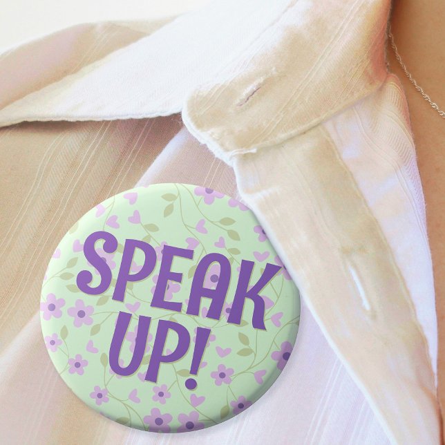 Speak Up Cute Purple Floral Hard of Hearing  1 Inch Round Button (In Situ of purple and green floral badge with cute text that says "Speak Up!")