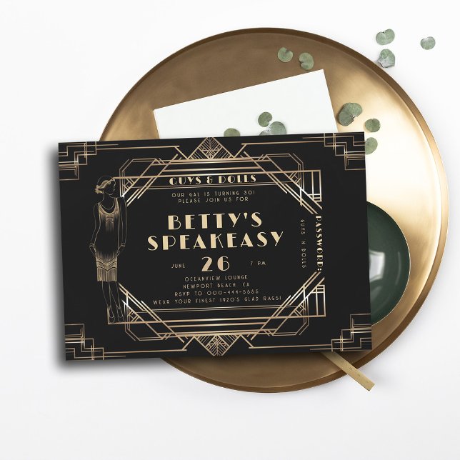 Speakeasy Flapper Roaring 20s Gold Gatsby Birthday Invitation (roaring 20s speakeasy gatsby gold black adult birthday party invitation)
