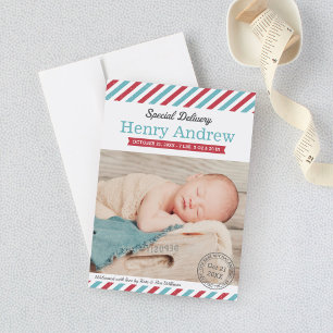 Special Delivery Baby Boy Aqua Red Photo Birth Announcement