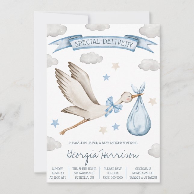 Special Delivery!  Baby Boy Blue Stork Baby Shower Invitation (Front)