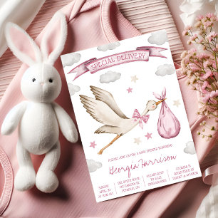 Special Delivery! Baby Girl Pink Stork Baby Shower Invitation