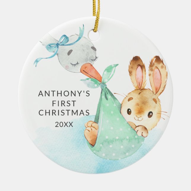 Special Delivery Baby's First Christmas Bunny Ceramic Ornament (Front)