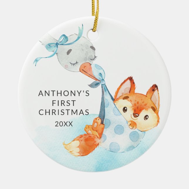 Special Delivery Baby's First Christmas Fox Ceramic Ornament (Front)