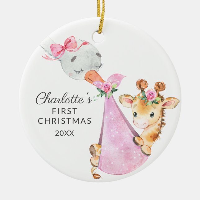 Special Delivery Baby's First Christmas Giraffe Ceramic Ornament (Front)