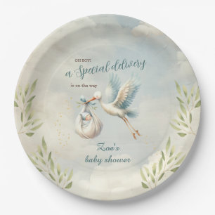 Special Delivery Blue Vintage Stork Baby Shower Paper Plate