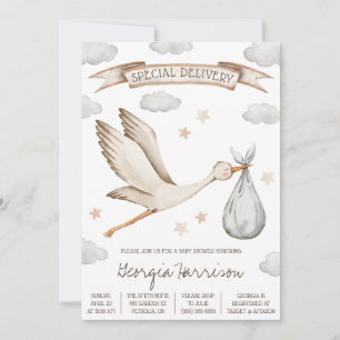 Special Delivery!  Brown and Tan Stork Baby Shower Invitation