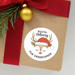 Special Delivery Christmas Cute Kids Reindeer  Classic Round Sticker<br><div class="desc">A cute reindeer face with a santa hat decorates this sticker with the words Merry Christmas. Fun for decorating Christmas gifts and holiday treat bags for neighbours. Personalize it with your name. Designed for you by Blackberry Boulevard.</div>