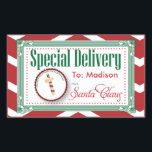 Special Delivery Christmas sticker gift tag<br><div class="desc">Special Delivery from the North Pole Christmas Gift tag Stickers.Festive red and green design with red and white chevron zigzag pattern, Ornate fancy border, a round tag with "Priority post from the North Pole', Space for the kid's name (leave blank if you want to handwrite different names on the stickers)...</div>