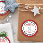 Special Delivery from North Pole Custom Santa Classic Round Sticker<br><div class="desc">Personalized Christmas stickers from Santa for kids gifts. Trendy typewriter typography design with doodle drawing of a red nosed reindeer. The template is set up ready for you to add your own message in the centre - the sample wording reads "merry christmas [YOUR NAME] with love from SANTA". The stamp...</div>
