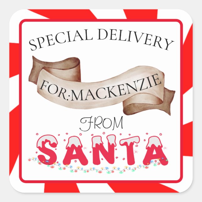 Special Delivery From Santa Custom Name Christmas Square Sticker (Front)