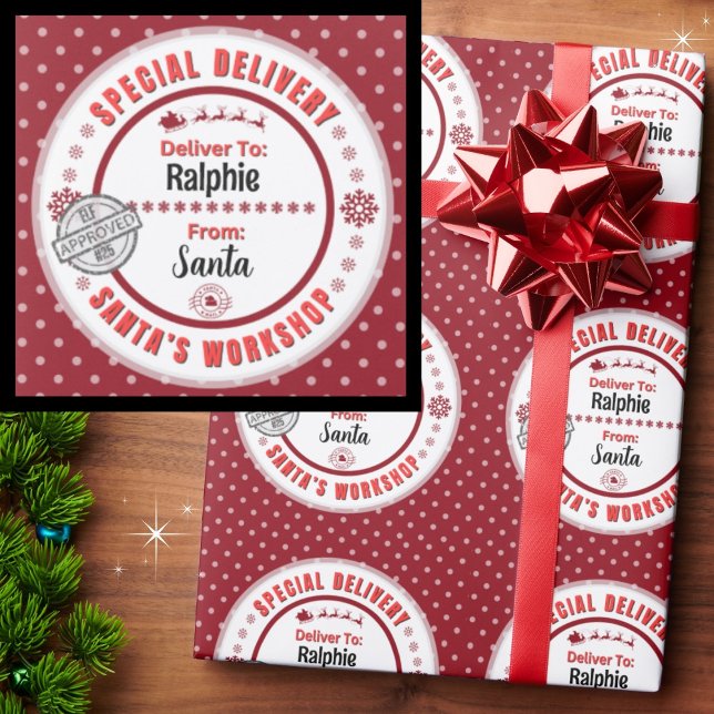 Special Delivery From Santa North Pole Red Wrapping Paper (Personalize with your kid's name. Merry Christmas!)