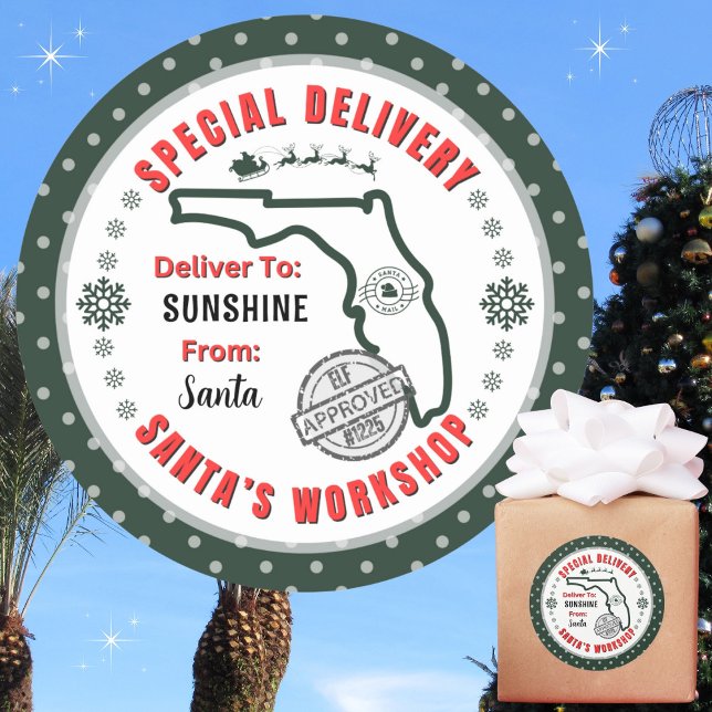 Special Delivery from Santa to Child in Florida Classic Round Sticker (Recommend 3"/Matte for hand written names. Merry Christmas!)