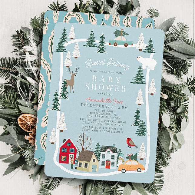 Special Delivery Holiday Town Blue Boy Baby Shower Invitation (Creator Uploaded)
