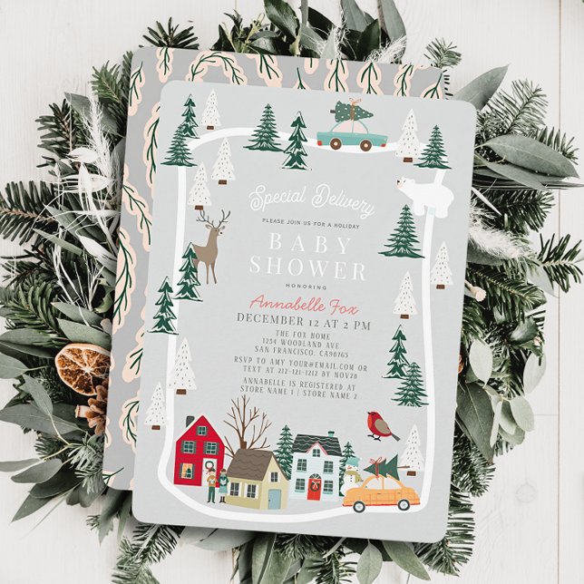 Special Delivery Holiday Town Grey Baby Shower Invitation (Creator Uploaded)