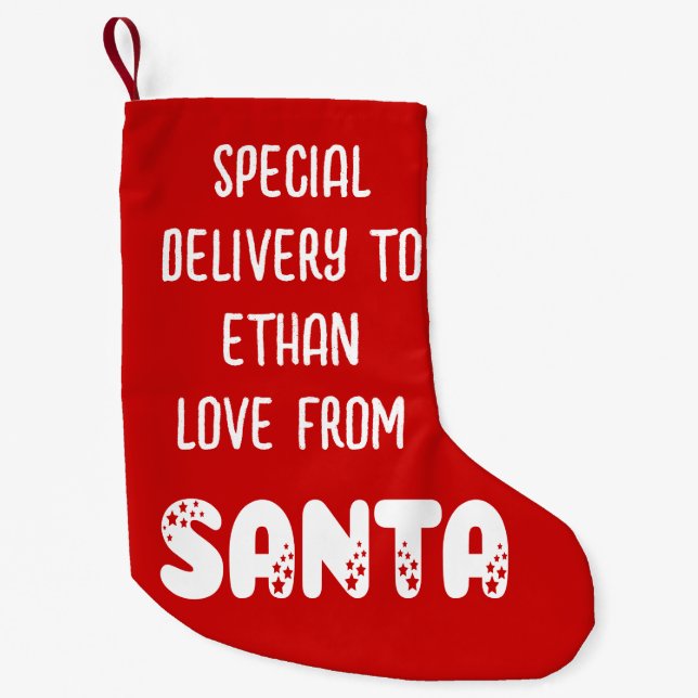 Special Delivery Name From Santa White Red Small Christmas Stocking (Front)