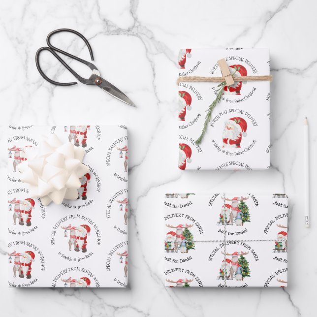 Special Delivery Personalized Santa Stamps Wrapping Paper Sheet (Front)