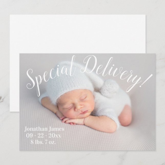 Special Delivery Photo Script Gender Neutral Birth Announcement (Front/Back)