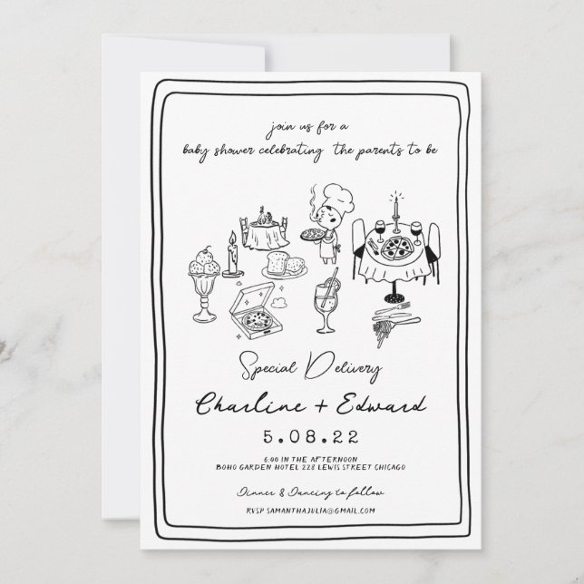Special Delivery Pizza doodle baby shower girl boy Invitation (Front)
