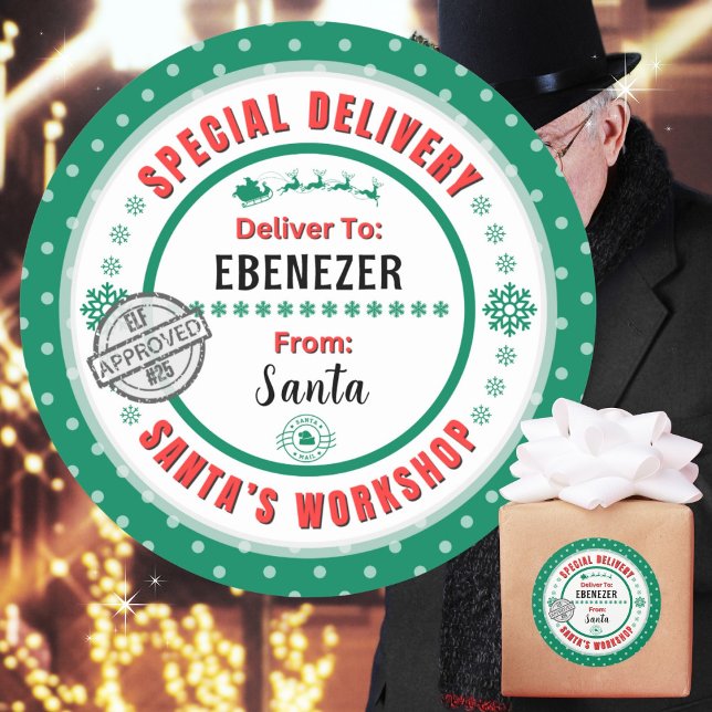 Special Delivery Santa to Child Bright Green Label (Personalize with a name. Recommend 3", matte, if you choose to write in names. Avail in many colors.)