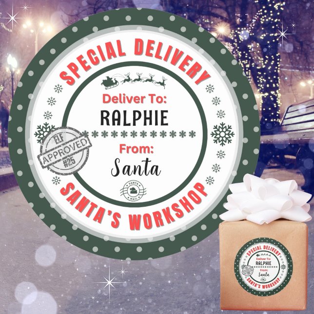 Special Delivery Santa to Child Green Gift Label (Personalize with a name. Recommend 3", matte, if you choose to write in names. Avail in many colors.)
