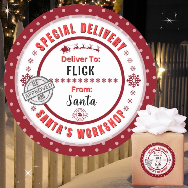 Special Delivery Santa to Child Red Gift Label (Personalize with a name. Recommend 3", matte, if you choose to write in names. Avail in many colors.)