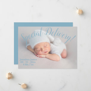 Special Delivery Stats  Script Baby Boy Blue Birth Announcement