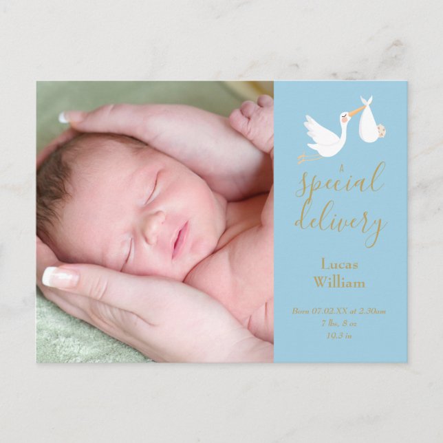 Special Delivery Stork Baby Boy Photo Blue Birth Announcement Postcard (Front)