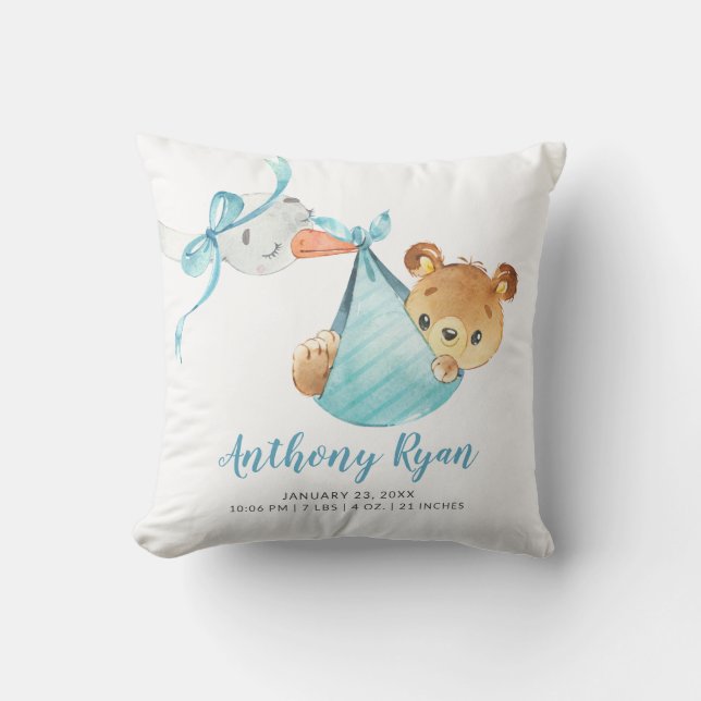 Special Delivery Stork Bear Baby Birth Stats Throw Pillow (Front)