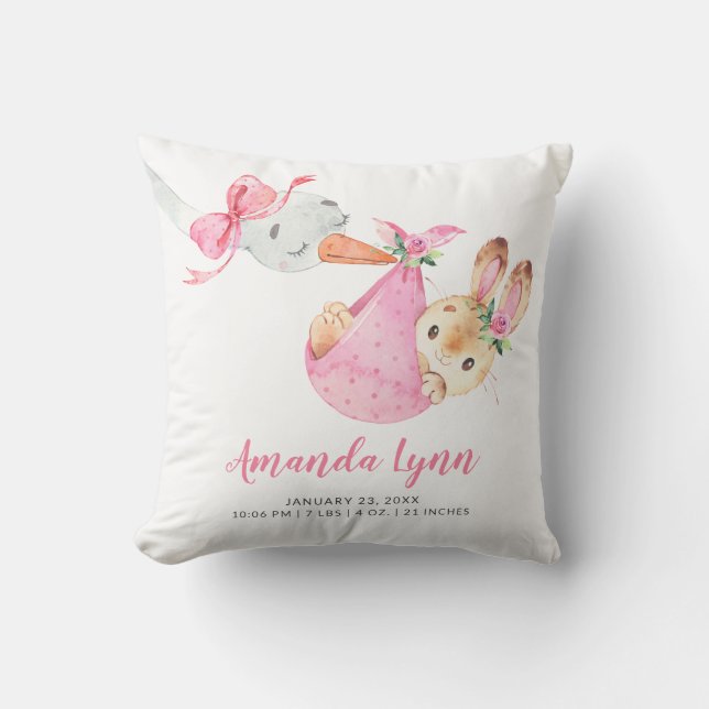 Special Delivery Stork Bunny Baby Shower Throw Pillow (Front)