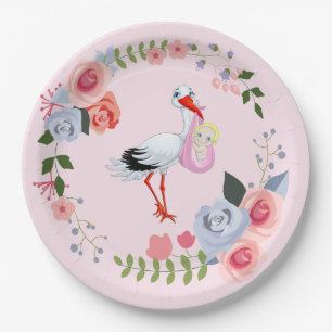 Special Delivery Stork Floral Baby Shower Paper Plate