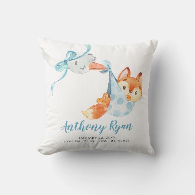 Special Delivery Stork Fox Baby Birth Stats Throw Pillow (Front)
