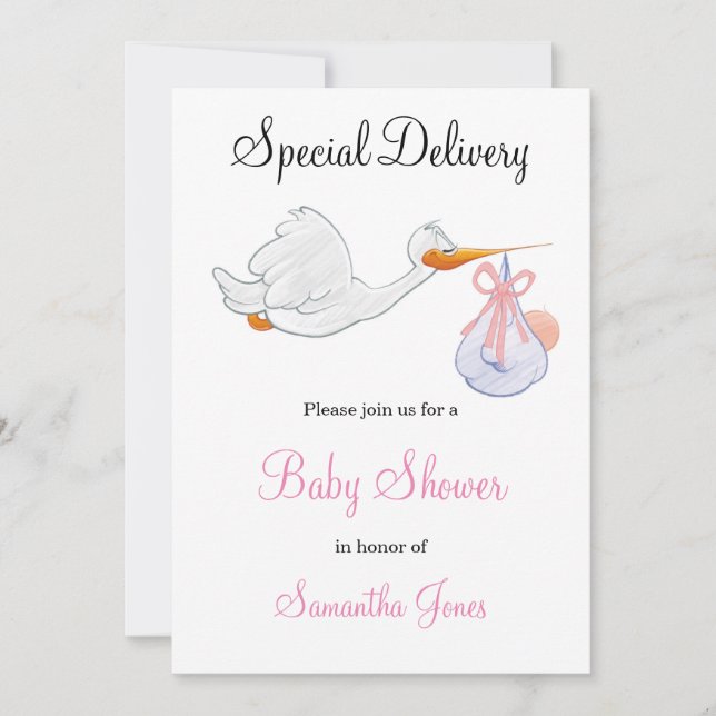 SPECIAL DELIVERY STORK GIRL BABY SHOWER INVITATION (Front)