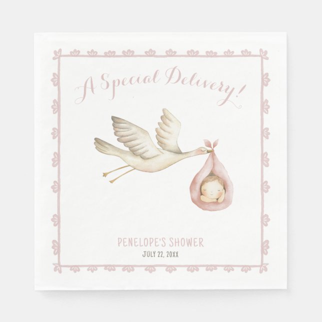 Special Delivery Stork Pink Baby Girl Baby Shower Napkin (Front)
