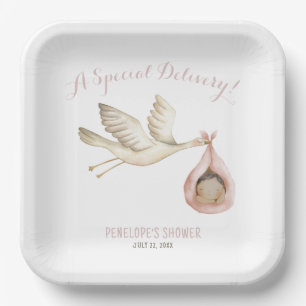 Special Delivery Stork Pink Baby Girl Baby Shower Paper Plate