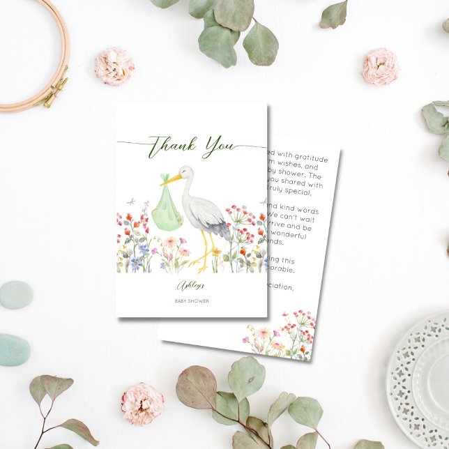 Special delivery stork spring flowers baby shower thank you card (Special delivery stork spring flowers traditional baby shower thank you cards)