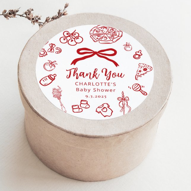 Special Delivery Whimsical Red Bow Baby Shower Classic Round Sticker (Creator Uploaded)