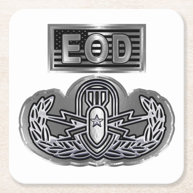 Special Design “Senior EOD Badge and US Flag” Square Paper Coaster (Front)