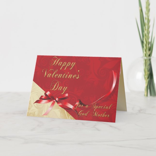 Special God Mother Gold and Red Filigree Heart Val Holiday Card (Front)