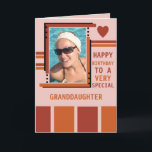 Special granddaughter add photo burgundy birthday card<br><div class="desc">Personalize this Birthday greeting Card for your granddaughter,  or change to suit.
Add a photo and message.
Happy birthday to a very special granddaughter.
Designed in burgundy,  orange and pink with stripes and a love heart.</div>