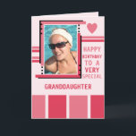 Special granddaughter add photo pink birthday card<br><div class="desc">Personalize this Birthday greeting Card for your granddaughter,  or change to suit.
Add a photo and message.
Happy birthday to a very special granddaughter.
Designed in pink with stripes and a love heart.</div>