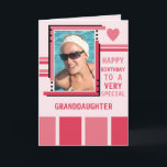 Special granddaughter add photo pink birthday card<br><div class="desc">Personalize this Birthday greeting Card for your granddaughter,  or change to suit.
Add a photo and message.
Happy birthday to a very special granddaughter.
Designed in pink with stripes and a love heart.</div>