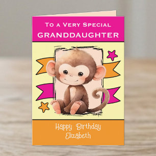 Special Granddaughter monkey kids pink birthday Card