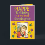 Special granddaughter photo yellow purple birthday card<br><div class="desc">Happy birthday to a very special granddaughter.
Add a photo and message.
Purple,  yellow and green with stars.</div>
