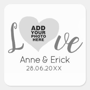 special photo on love heart frame with names  square sticker