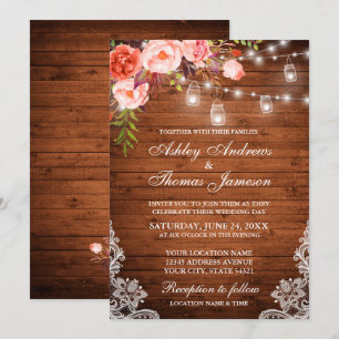 Special - Rustic Wood Coral Floral Wedding Invitation